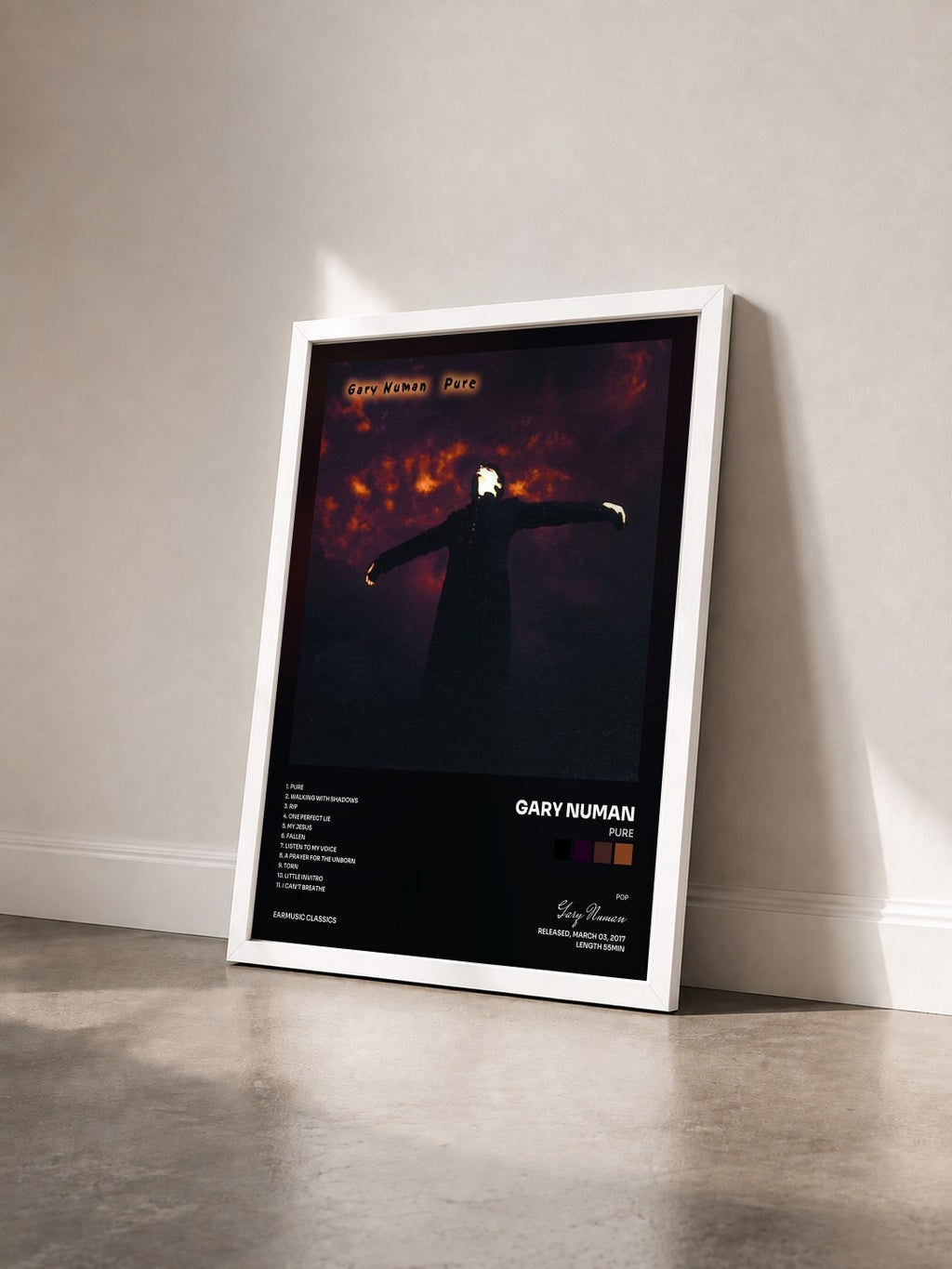 #blanc Tableau de l'album Pure de Gary Numan vu de trois quarts, cadre blanc