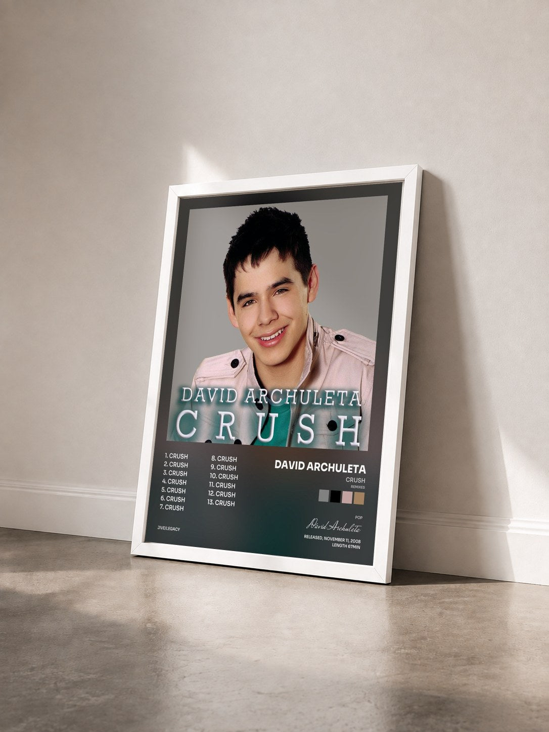 #blanc Tableau de l'album Crush (Remixes) de David Archuleta vu de trois quarts, cadre blanc