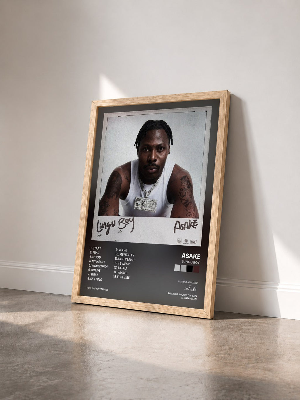 #bois Tableau de l'album Lungu Boy de Asake vu de trois quarts, cadre en bois brut