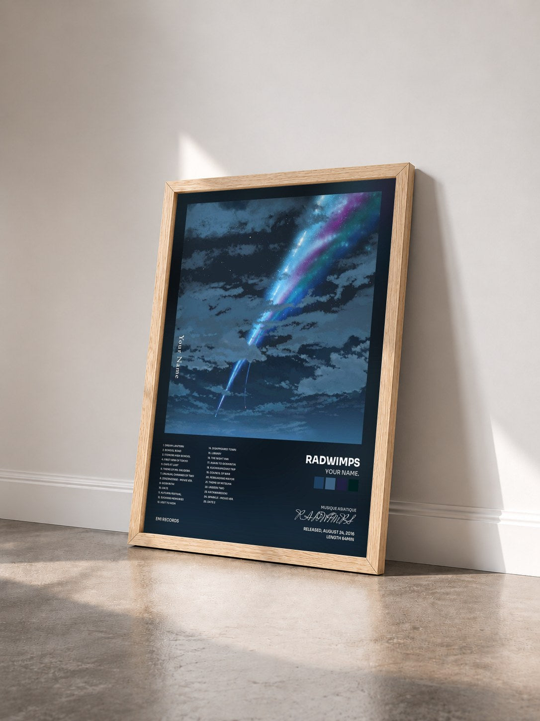 #bois Tableau de l'album Your Name. de RADWIMPS vu de trois quarts, cadre en bois brut
