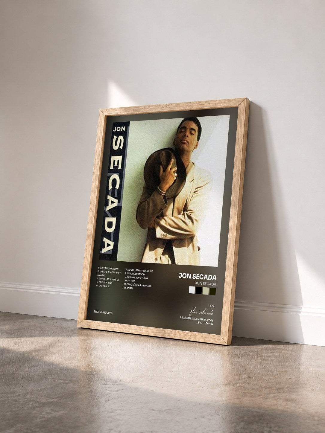#bois Tableau de l'album Jon Secada de Jon Secada vu de trois quarts, cadre en bois brut