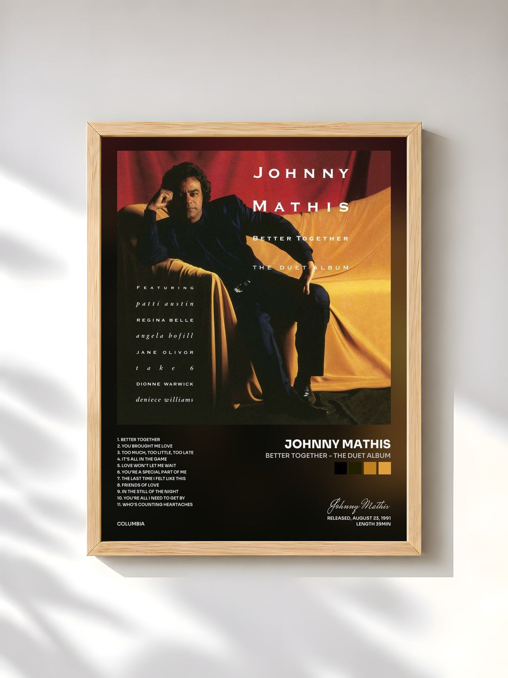 #bois Tableau de l'album Better Together - The Duet Album de Johnny Mathis, cadre en bois brut, imprimé et encadré en France