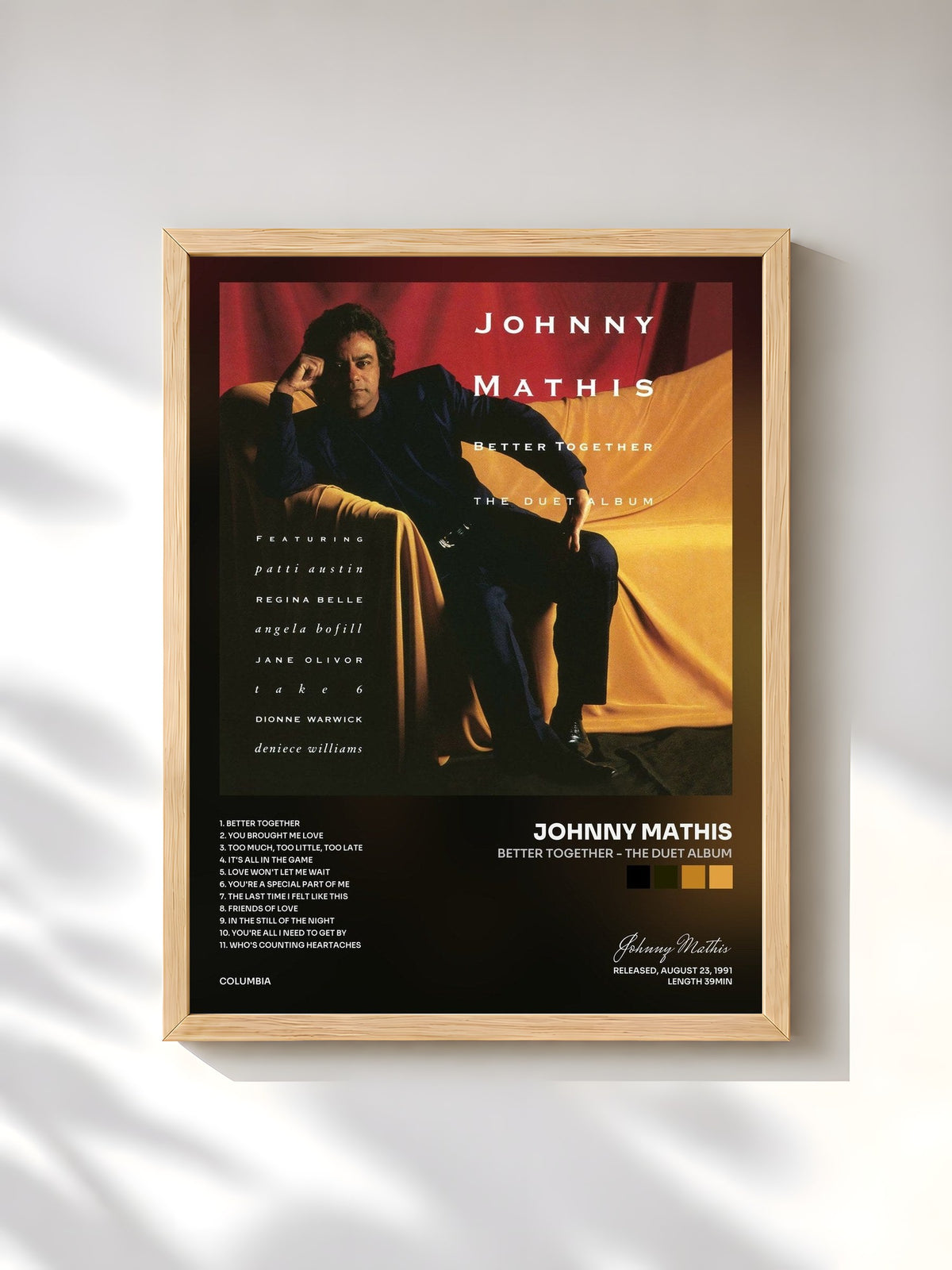 #bois Tableau de l'album Better Together - The Duet Album de Johnny Mathis, cadre en bois brut, imprimé et encadré en France