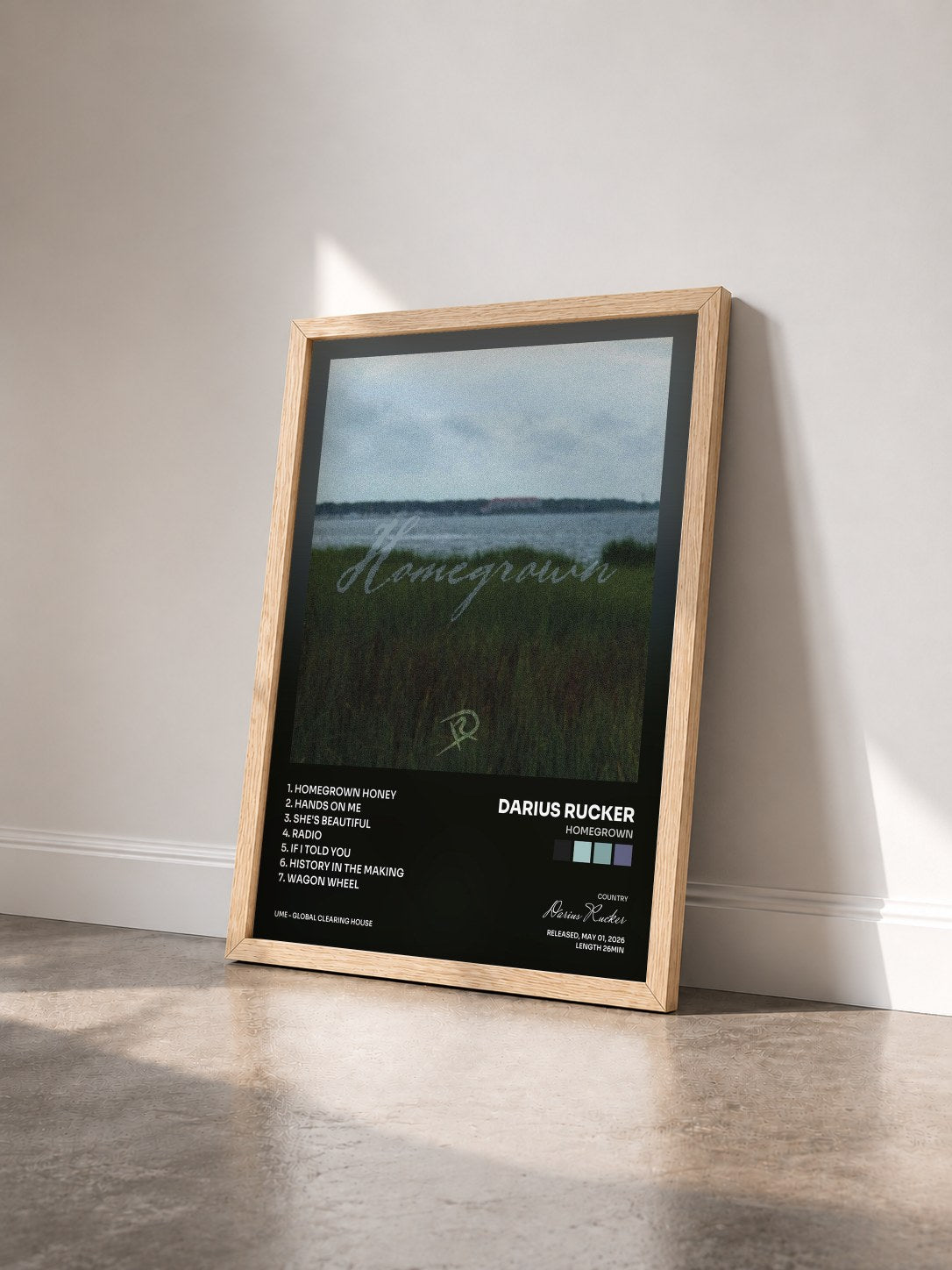 #bois Tableau de l'album Homegrown de Darius Rucker vu de trois quarts, cadre en bois brut