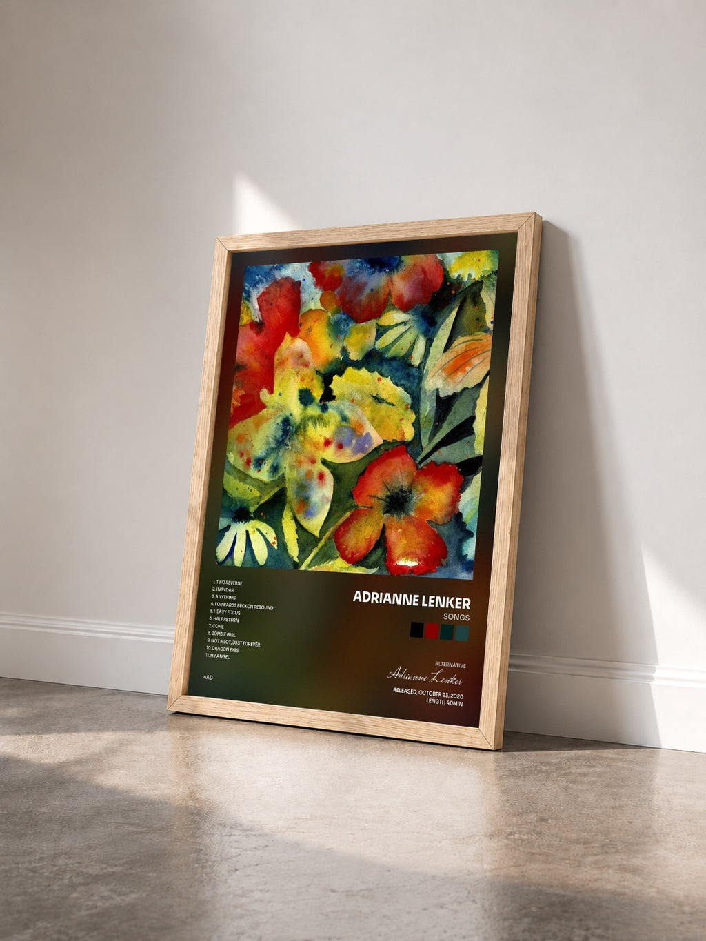 #bois Tableau de l'album songs de Adrianne Lenker vu de trois quarts, cadre en bois brut