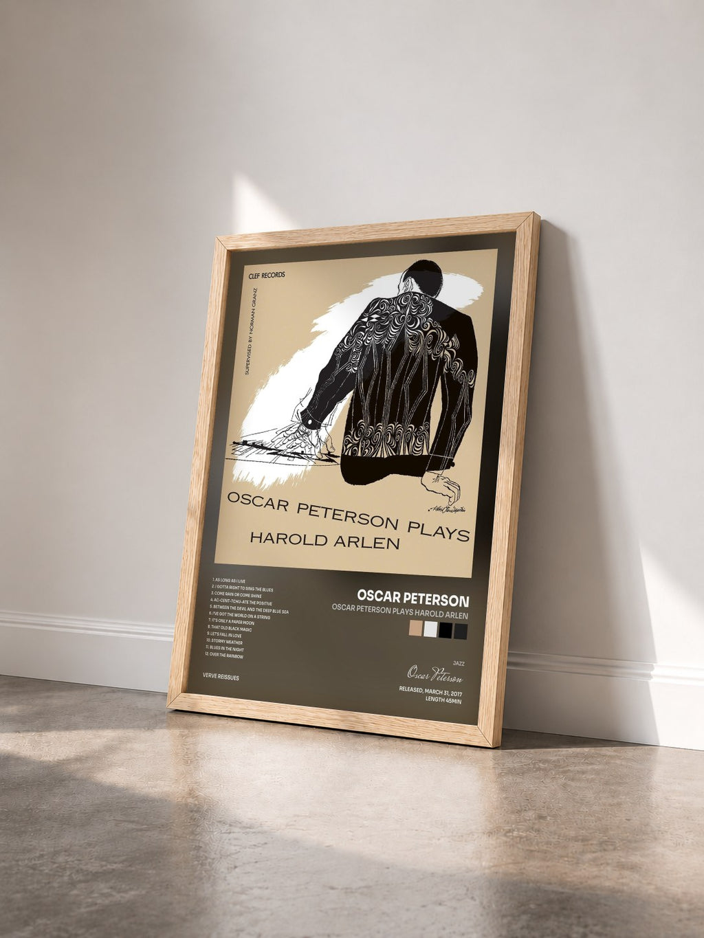 #bois Tableau de l'album Oscar Peterson Plays Harold Arlen de Oscar Peterson vu de trois quarts, cadre en bois brut
