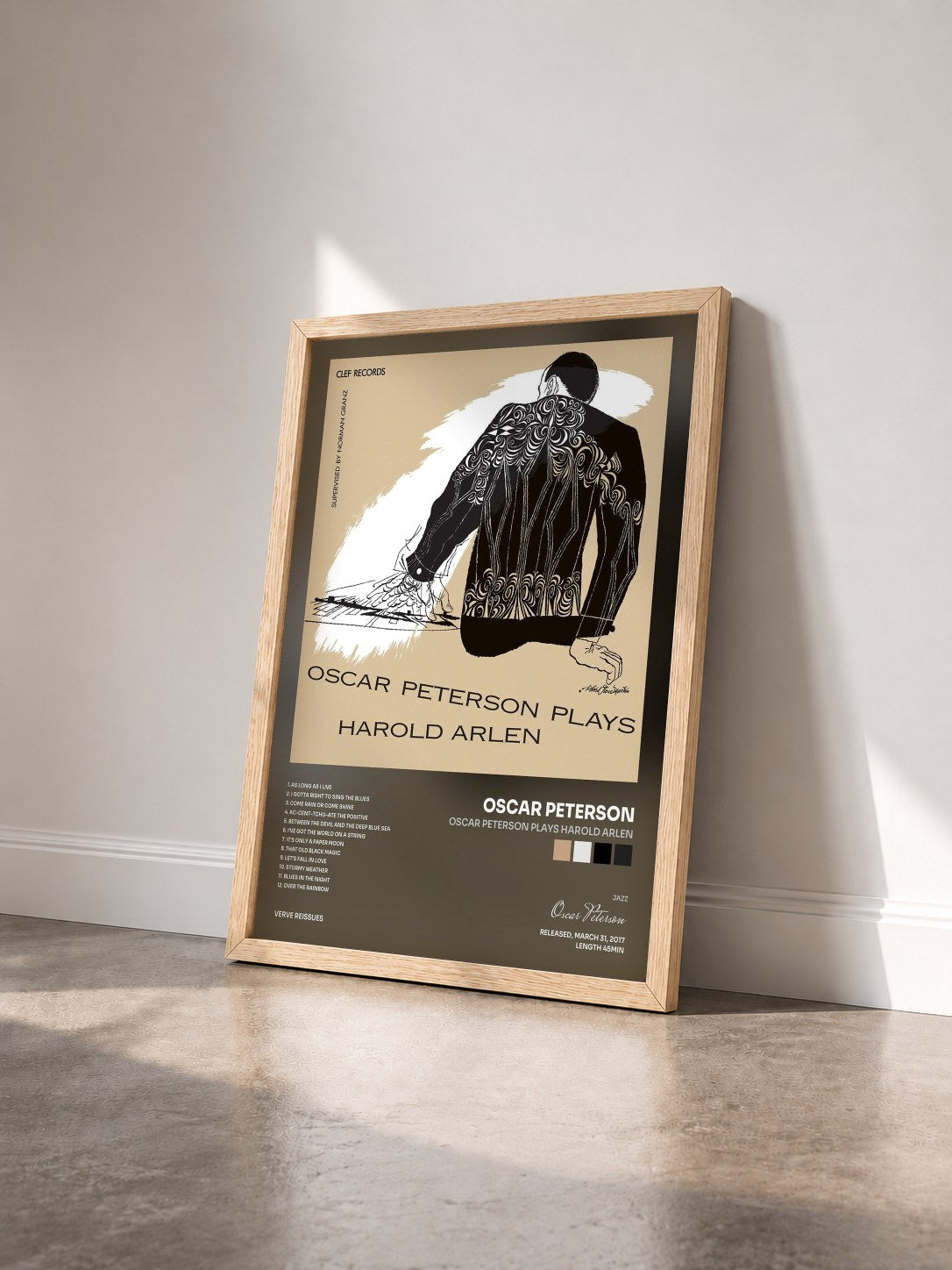 #bois Tableau de l'album Oscar Peterson Plays Harold Arlen de Oscar Peterson vu de trois quarts, cadre en bois brut