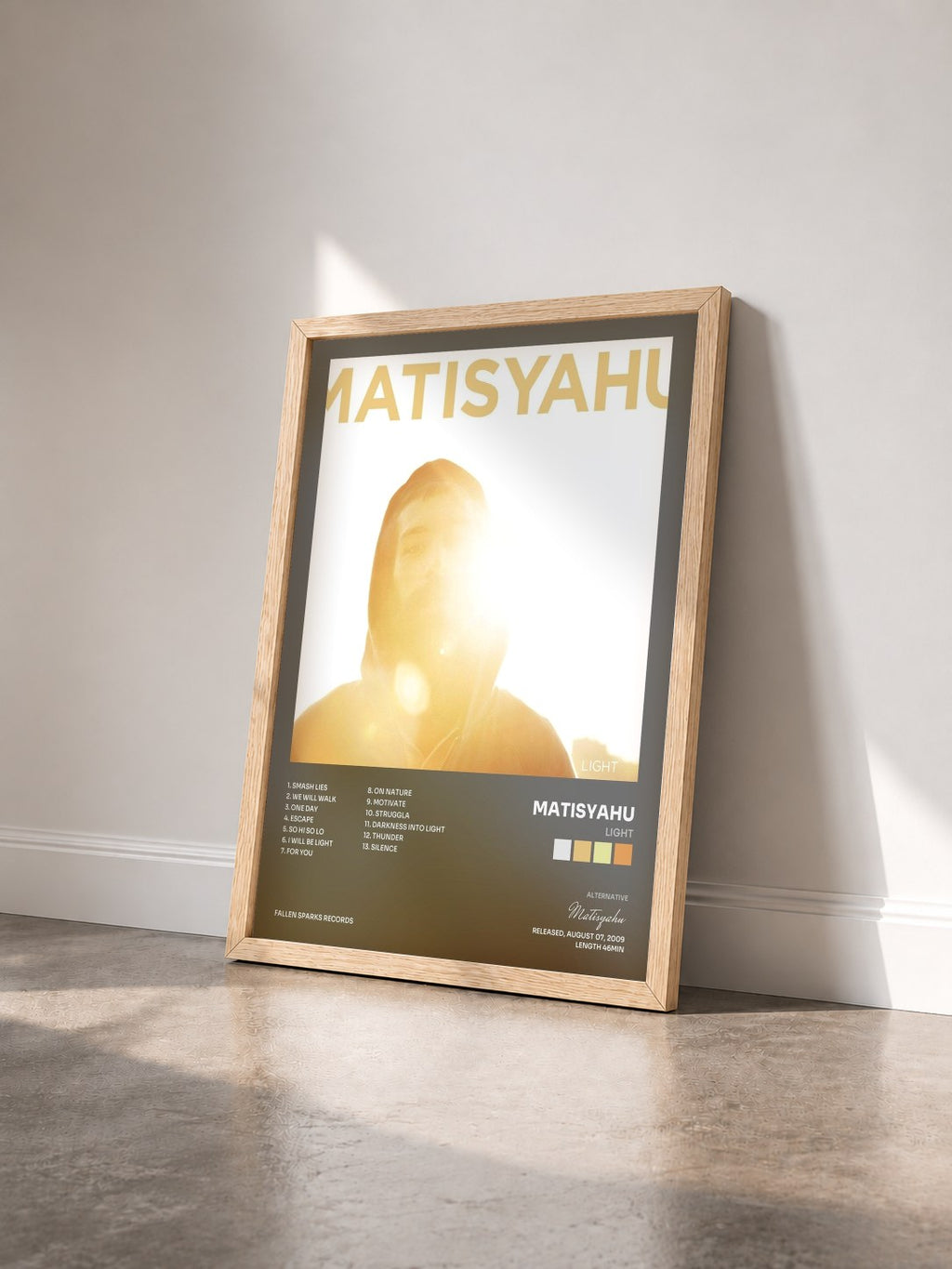 #bois Tableau de l'album Light de Matisyahu vu de trois quarts, cadre en bois brut