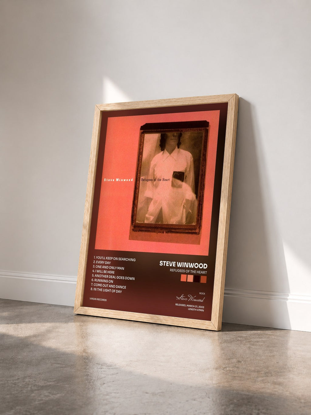 #bois Tableau de l'album Refugees Of The Heart de Steve Winwood vu de trois quarts, cadre en bois brut