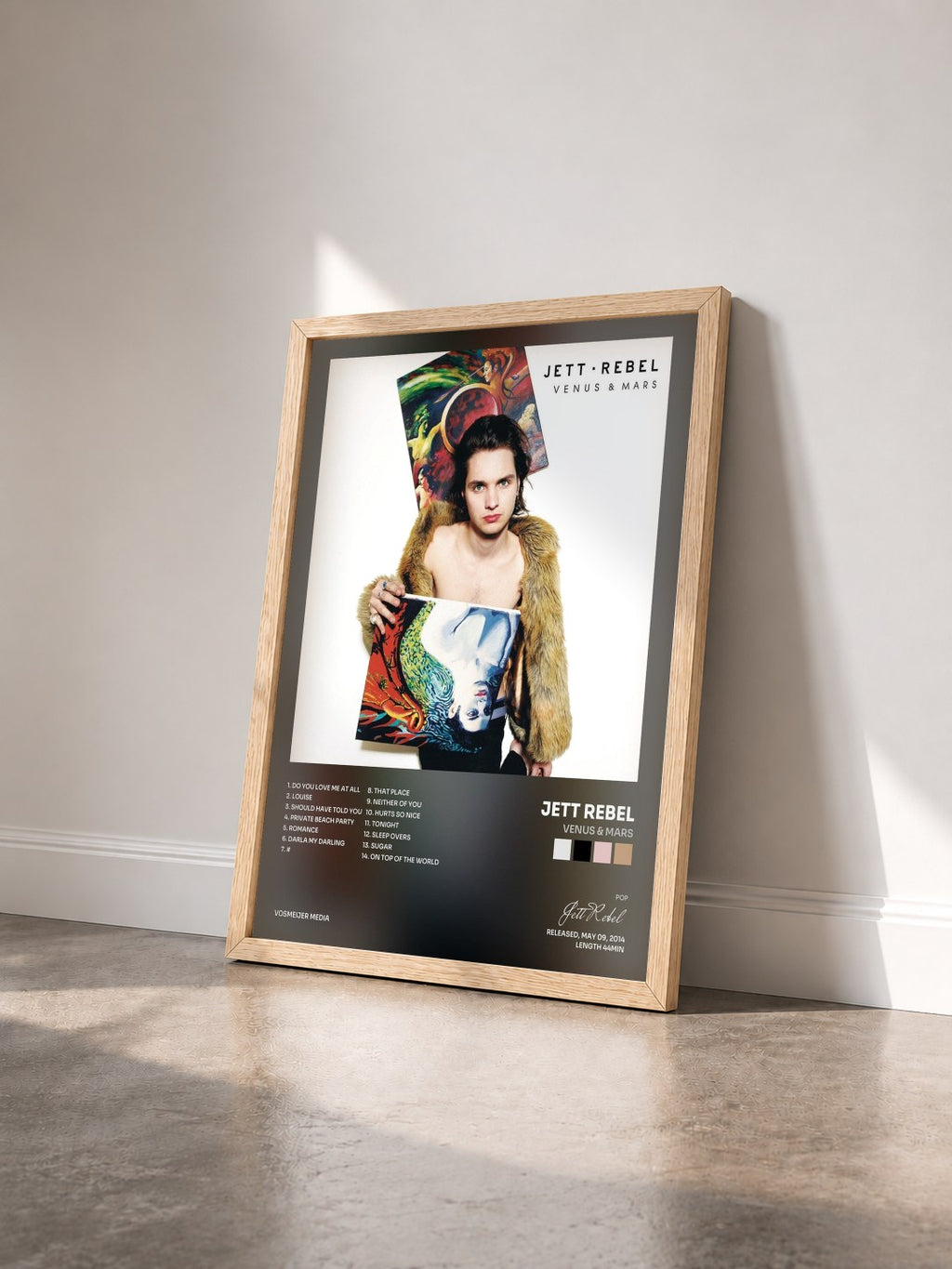 #bois Tableau de l'album Venus & Mars de Jett Rebel vu de trois quarts, cadre en bois brut
