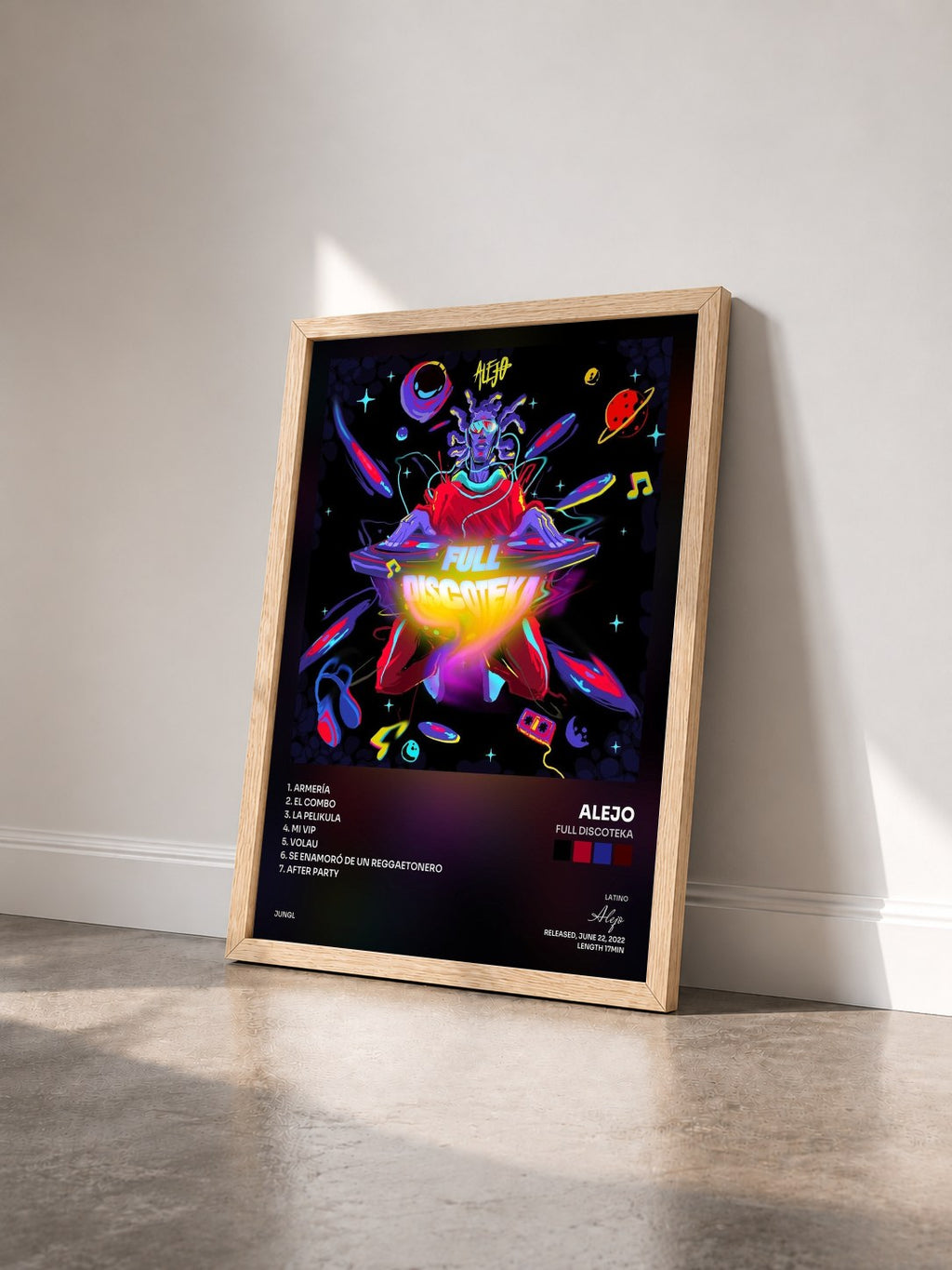#bois Tableau de l'album Full Discoteka de Alejo vu de trois quarts, cadre en bois brut