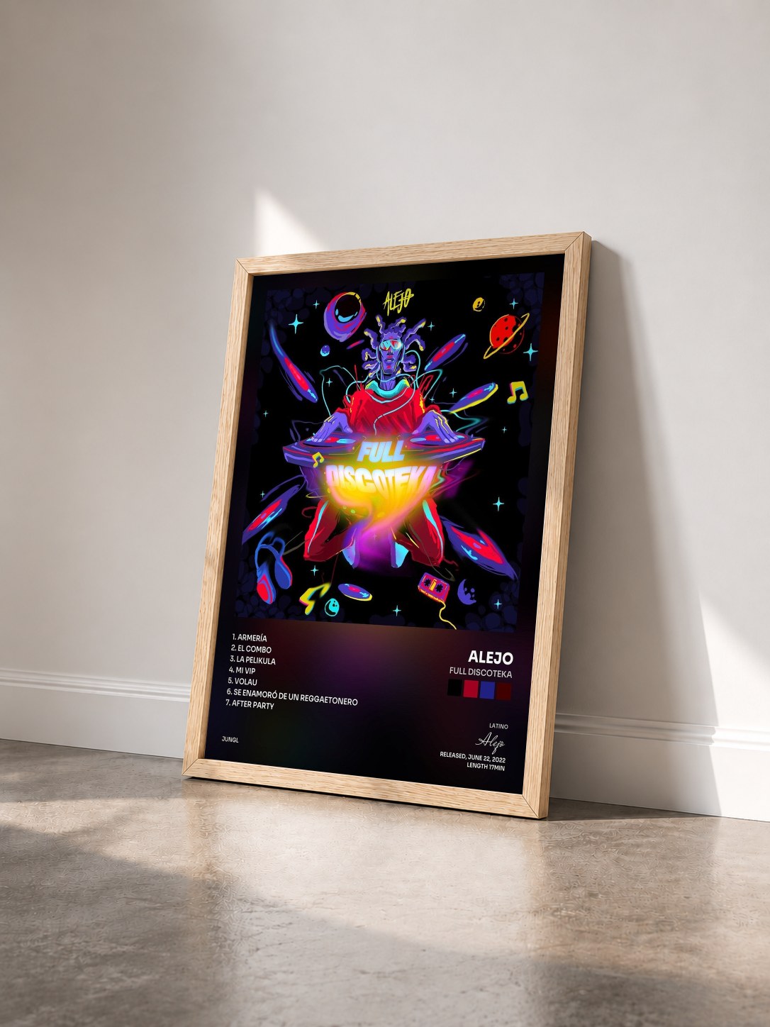 #bois Tableau de l'album Full Discoteka de Alejo vu de trois quarts, cadre en bois brut