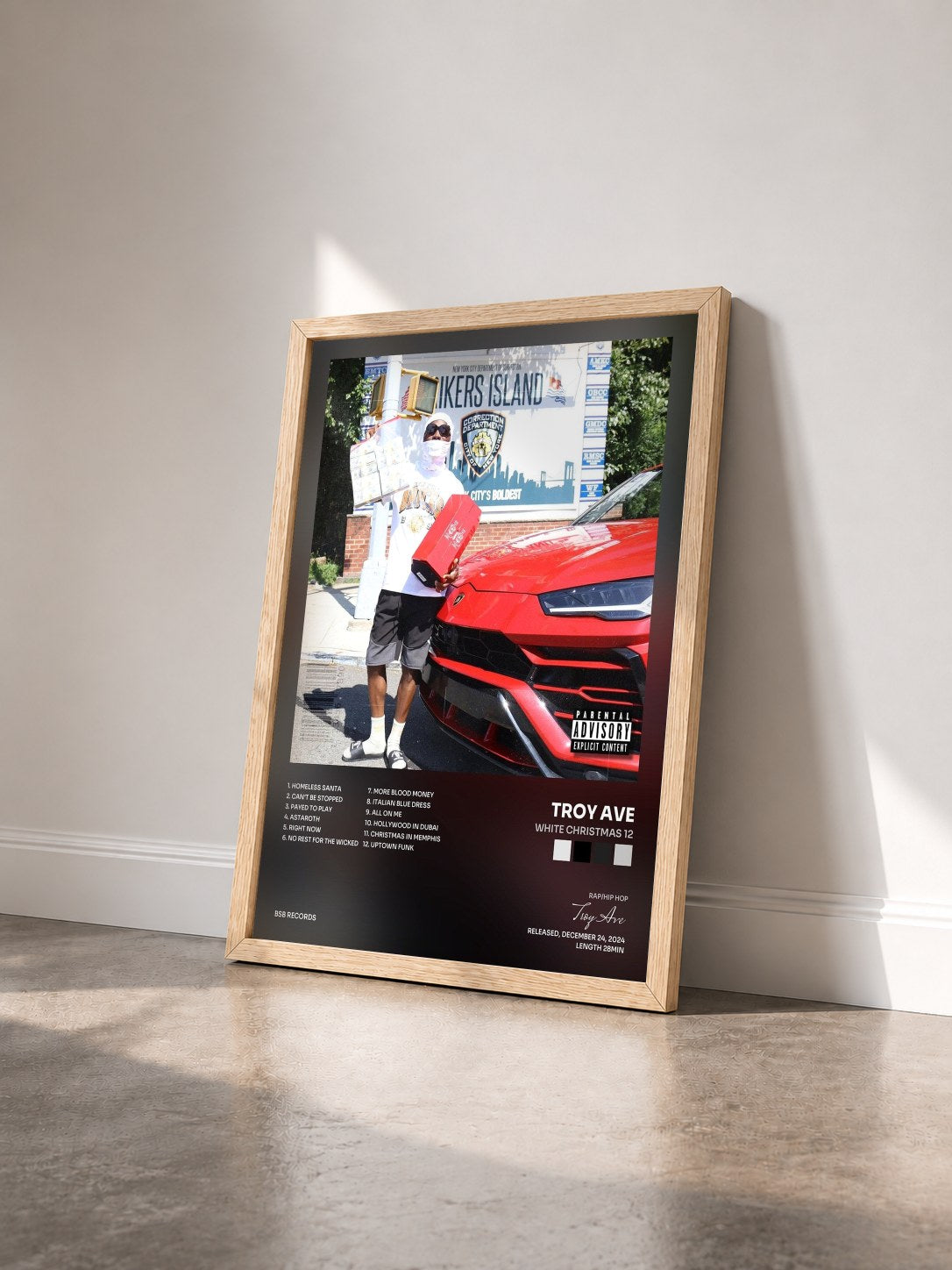 #bois Tableau de l'album White Christmas 12 de Troy Ave vu de trois quarts, cadre en bois brut