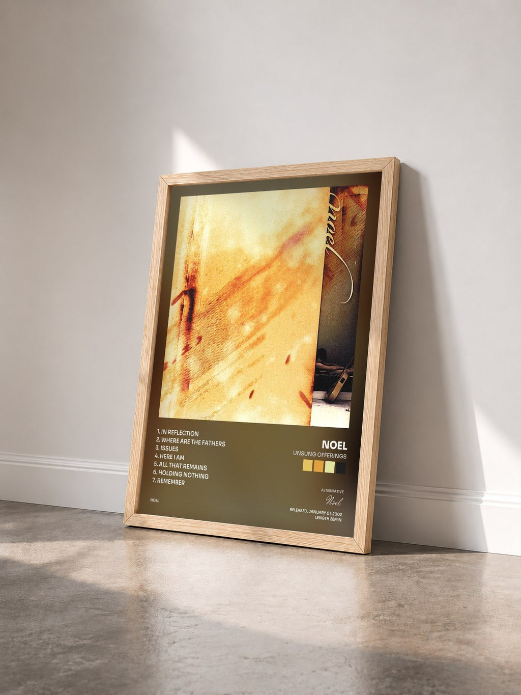 #bois Tableau de l'album Unsung Offerings de Noel vu de trois quarts, cadre en bois brut
