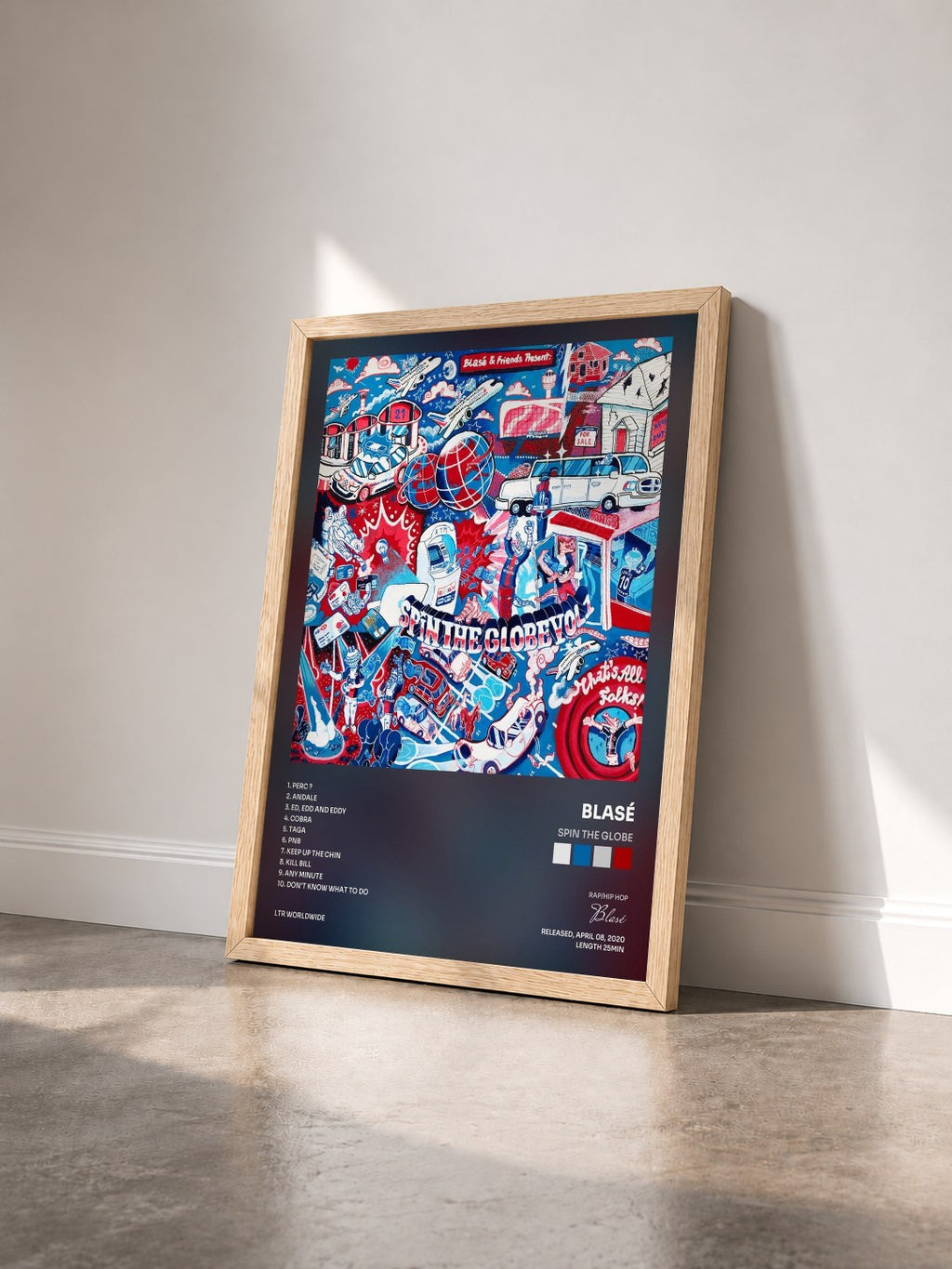 #bois Tableau de l'album Spin the Globe de Blasé vu de trois quarts, cadre en bois brut