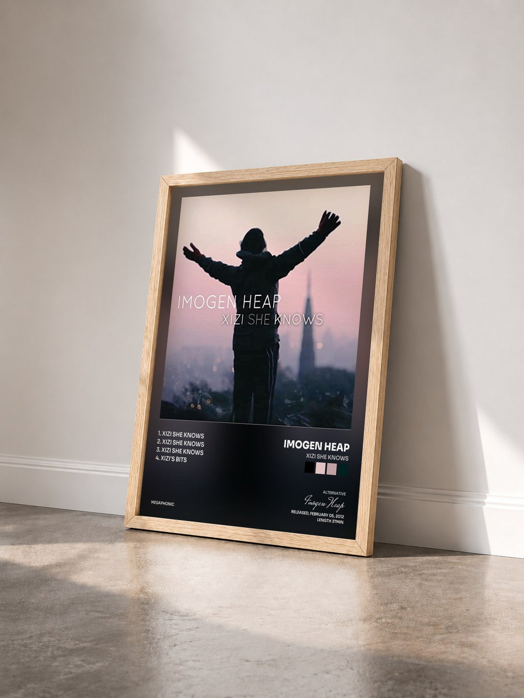 #bois Tableau de l'album Xizi She Knows de Imogen Heap vu de trois quarts, cadre en bois brut