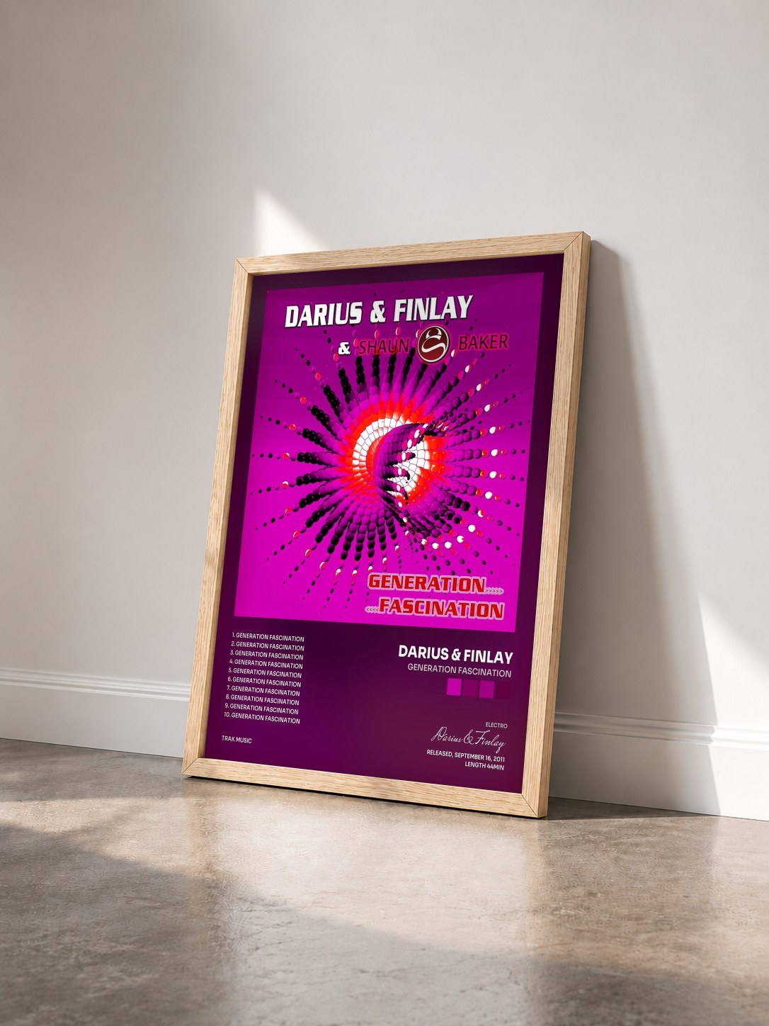 #bois Tableau de l'album Generation Fascination de Darius & Finlay vu de trois quarts, cadre en bois brut