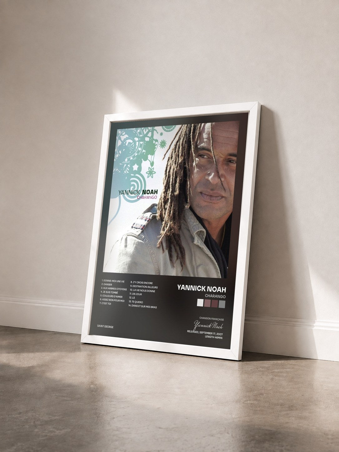 #blanc Tableau de l'album Charango de Yannick Noah vu de trois quarts, cadre blanc