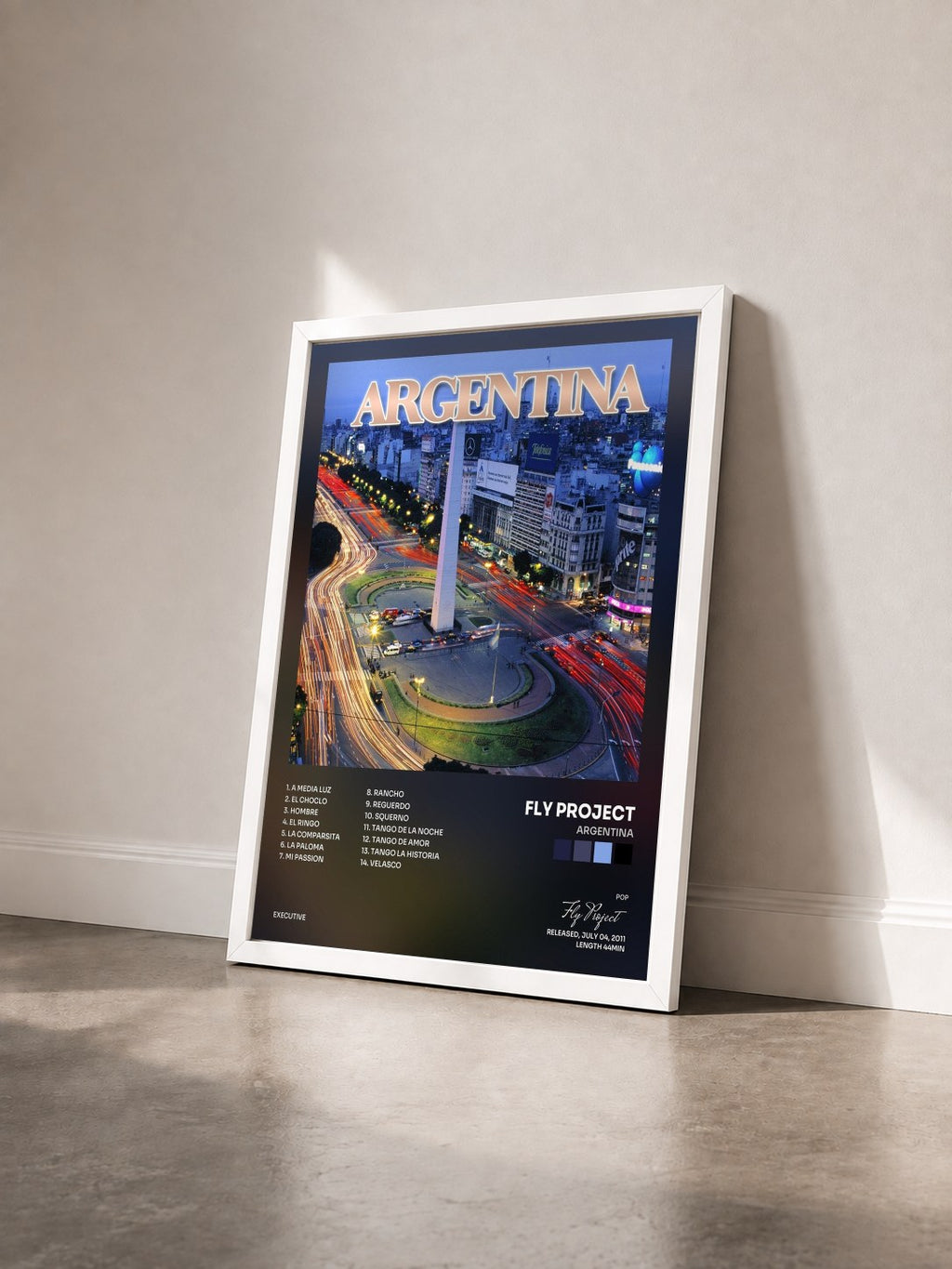 #blanc Tableau de l'album Argentina de Fly Project vu de trois quarts, cadre blanc