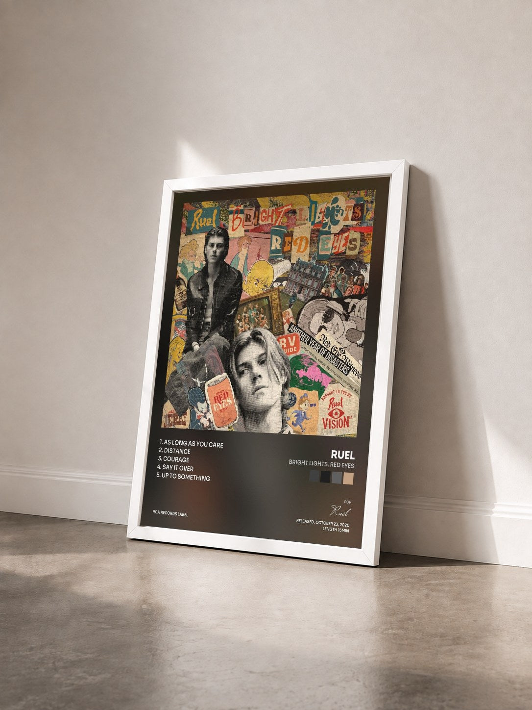 #blanc Tableau de l'album Bright Lights, Red Eyes de Ruel vu de trois quarts, cadre blanc