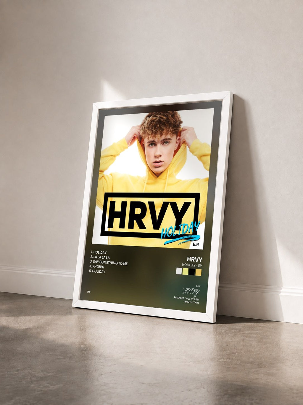 #blanc Tableau de l'album Holiday - EP de HRVY vu de trois quarts, cadre blanc