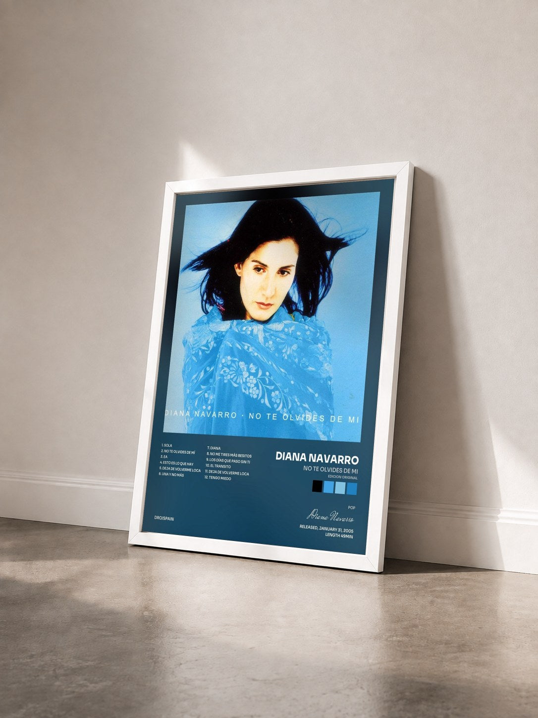 #blanc Tableau de l'album No te olvides de mi (edicion original) de Diana Navarro vu de trois quarts, cadre blanc