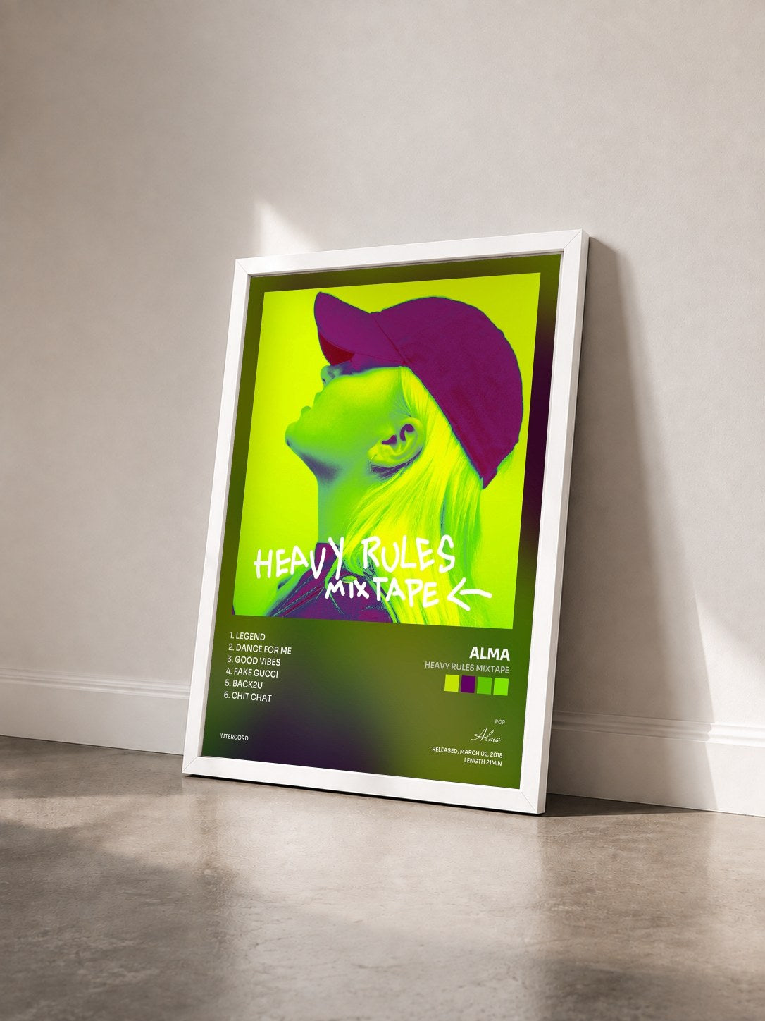 #blanc Tableau de l'album Heavy Rules Mixtape de Alma vu de trois quarts, cadre blanc