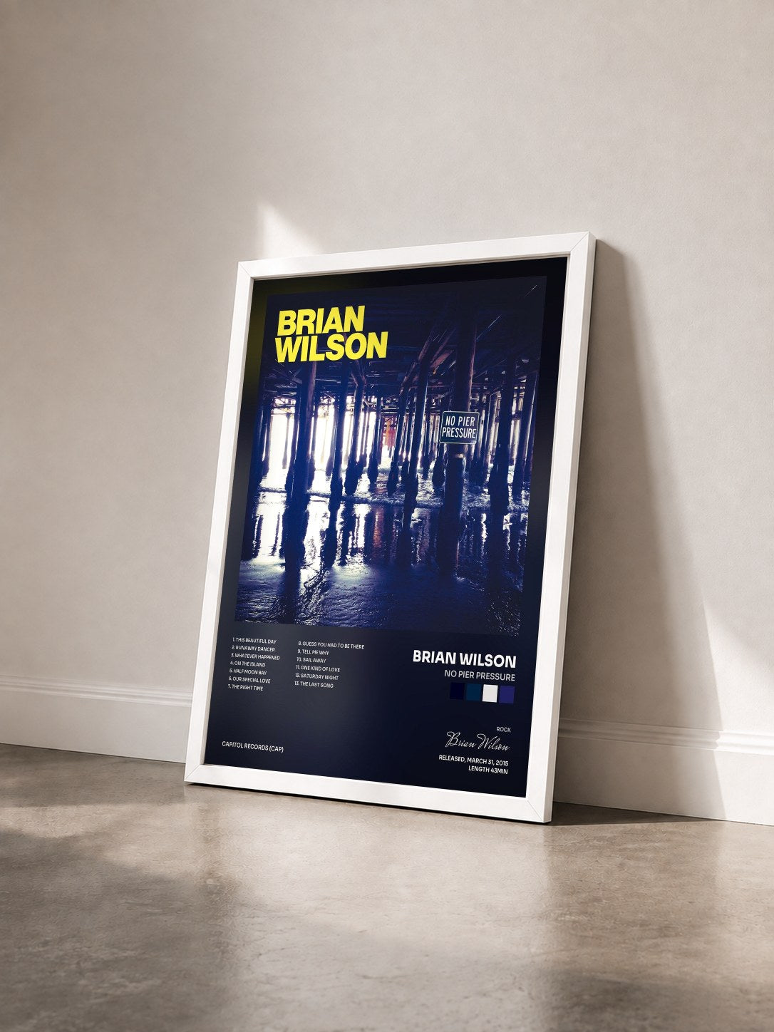 #blanc Tableau de l'album No Pier Pressure de Brian Wilson vu de trois quarts, cadre blanc