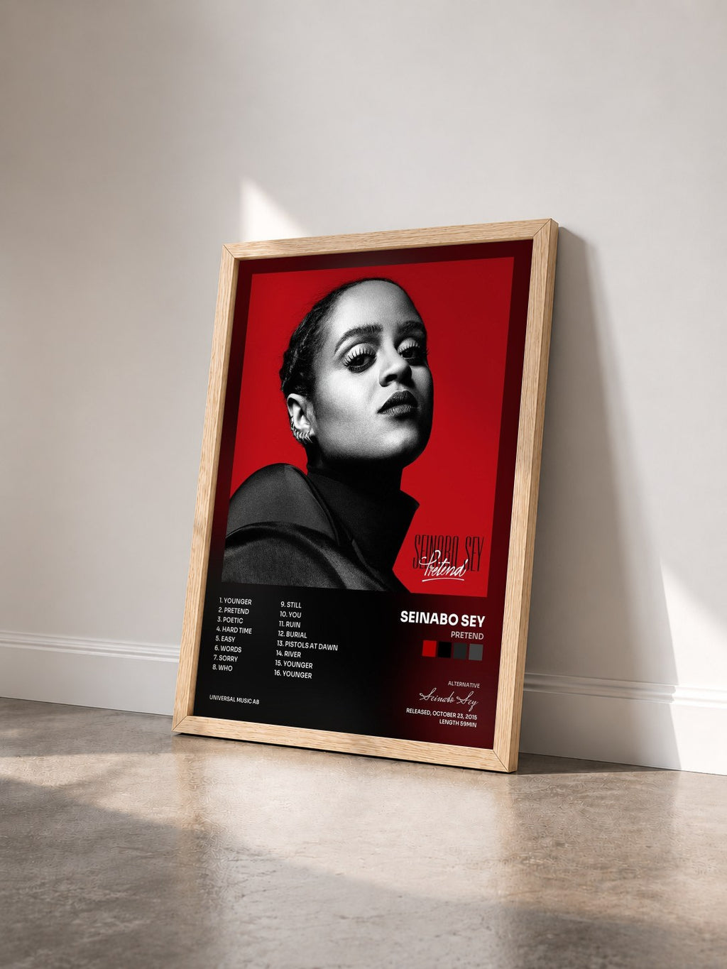 #bois Tableau de l'album Pretend de Seinabo Sey vu de trois quarts, cadre en bois brut