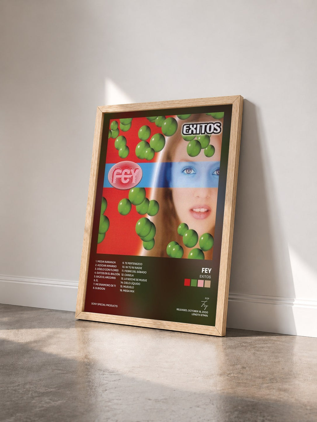 #bois Tableau de l'album Exitos de Fey vu de trois quarts, cadre en bois brut