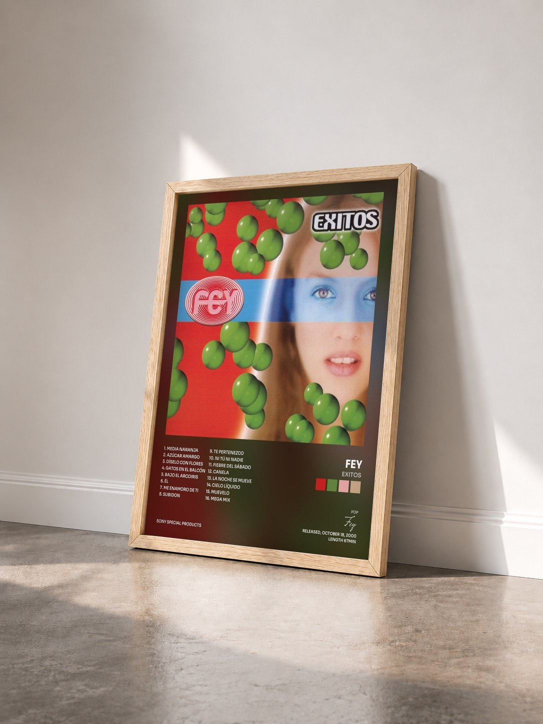 #bois Tableau de l'album Exitos de Fey vu de trois quarts, cadre en bois brut