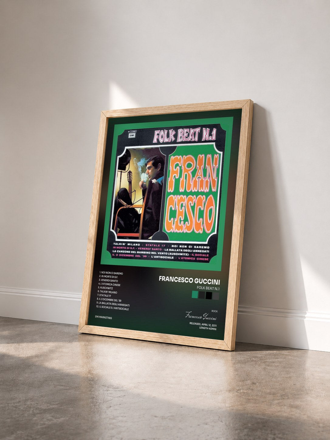 #bois Tableau de l'album Folk Beat N.1 de Francesco Guccini vu de trois quarts, cadre en bois brut