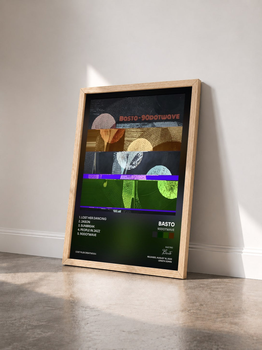 #bois Tableau de l'album 90DotWave de Basto vu de trois quarts, cadre en bois brut
