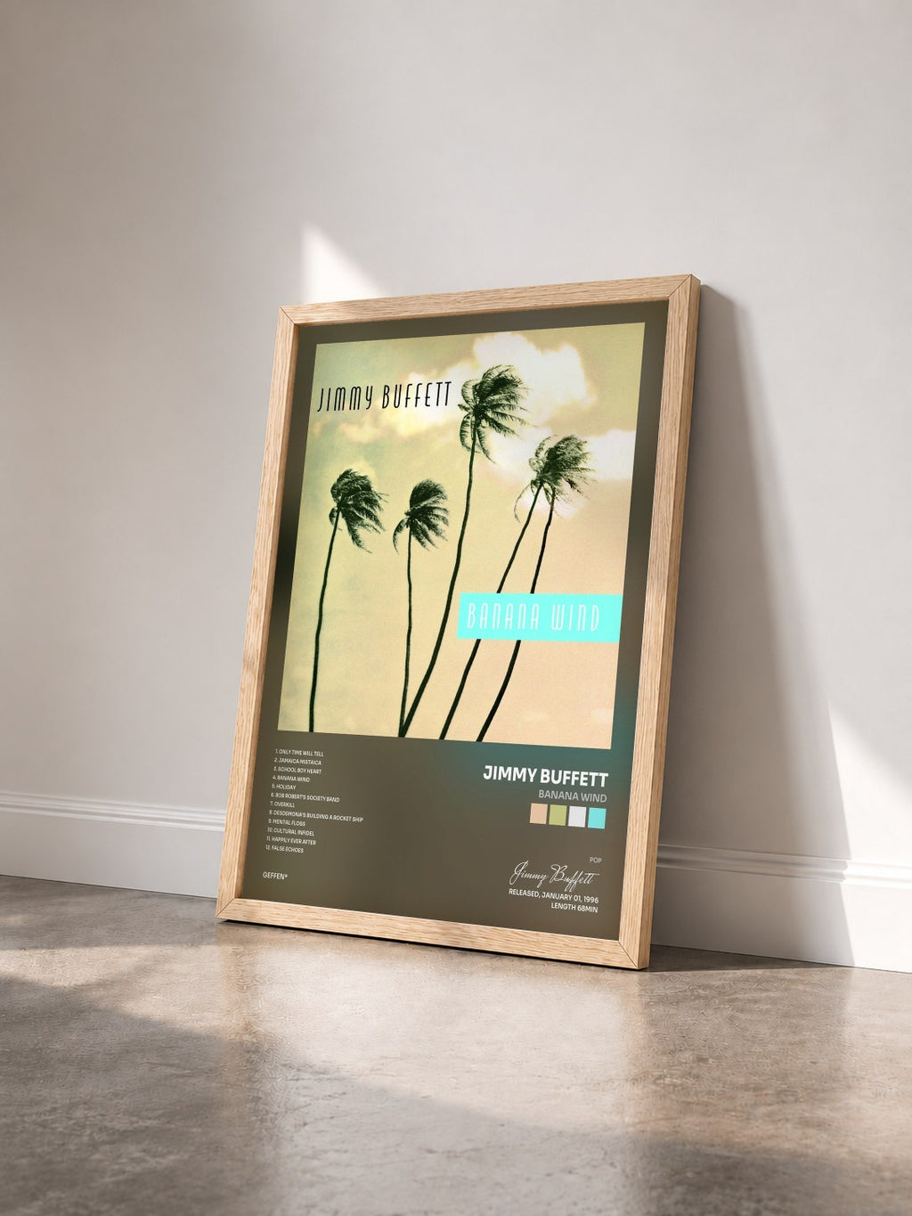 #bois Tableau de l'album Banana Wind de Jimmy Buffett vu de trois quarts, cadre en bois brut