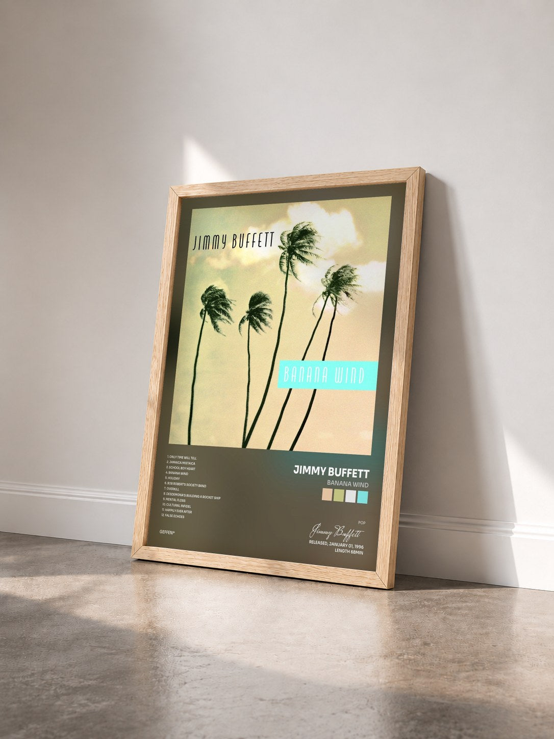 #bois Tableau de l'album Banana Wind de Jimmy Buffett vu de trois quarts, cadre en bois brut
