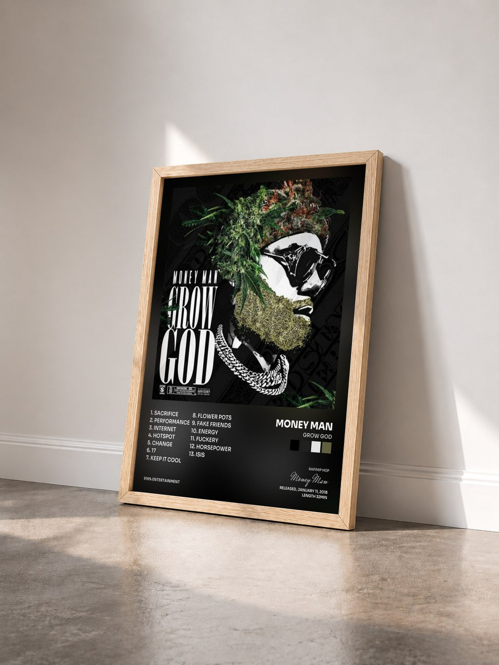 #bois Tableau de l'album Grow God de Money Man vu de trois quarts, cadre en bois brut