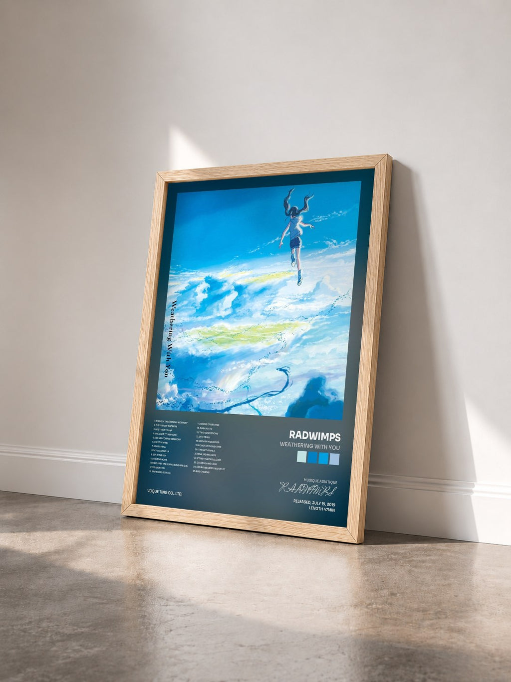 #bois Tableau de l'album Weathering With You de RADWIMPS vu de trois quarts, cadre en bois brut