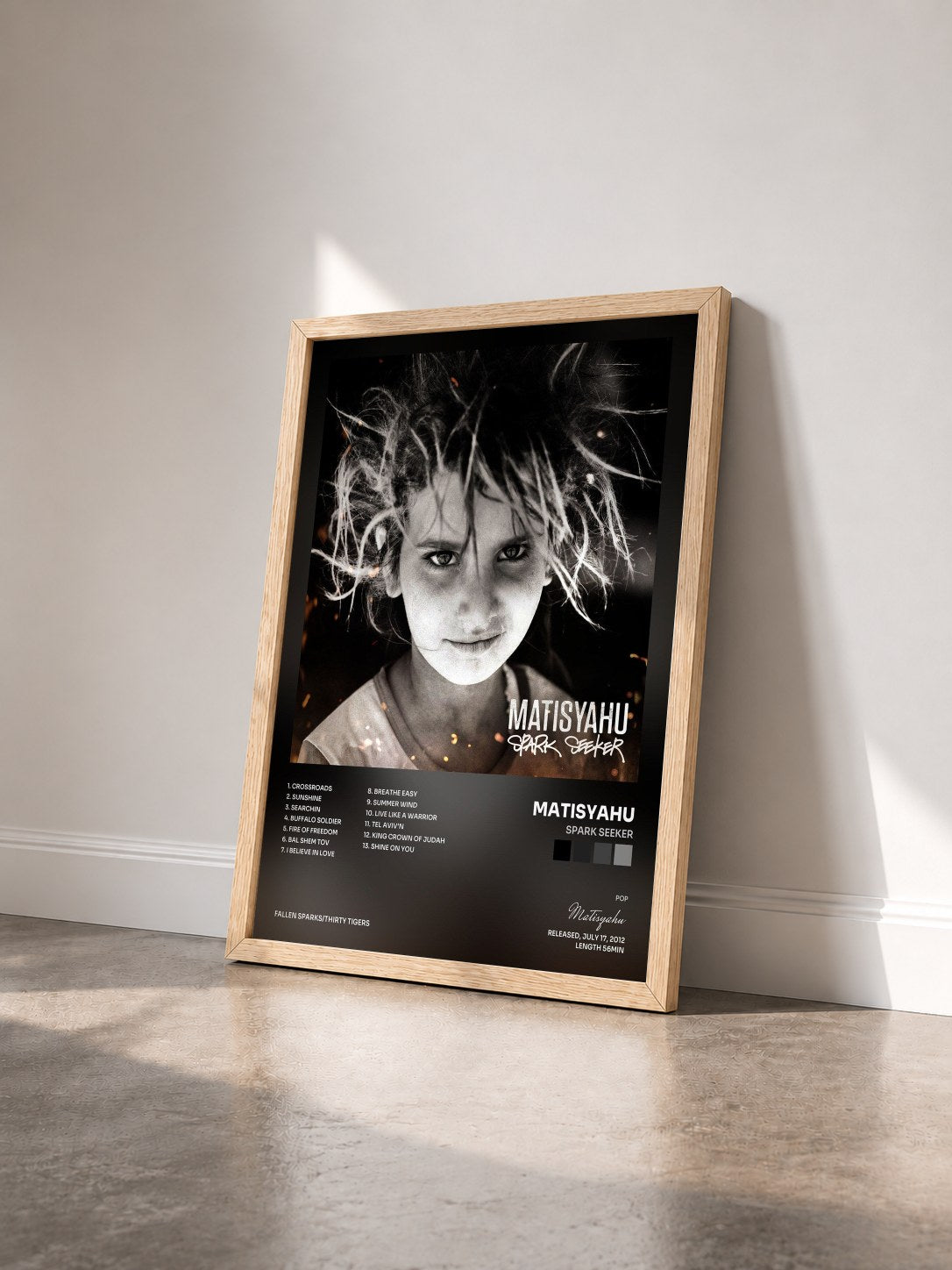 #bois Tableau de l'album Spark Seeker de Matisyahu vu de trois quarts, cadre en bois brut