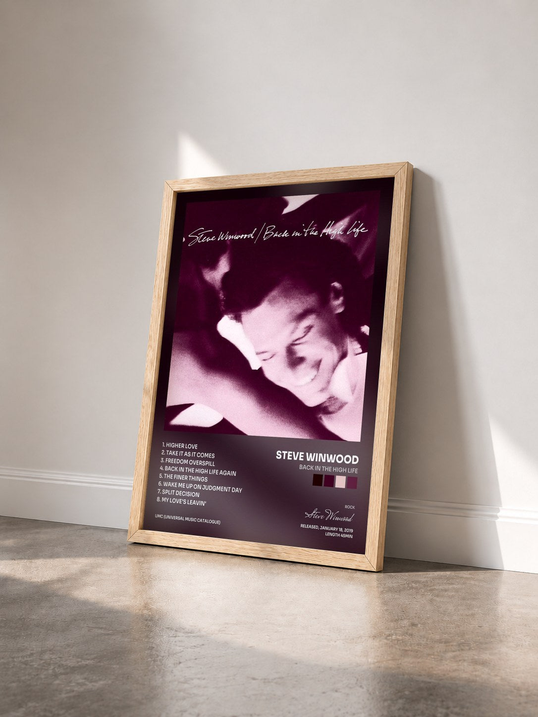 #bois Tableau de l'album Back In The High Life de Steve Winwood vu de trois quarts, cadre en bois brut