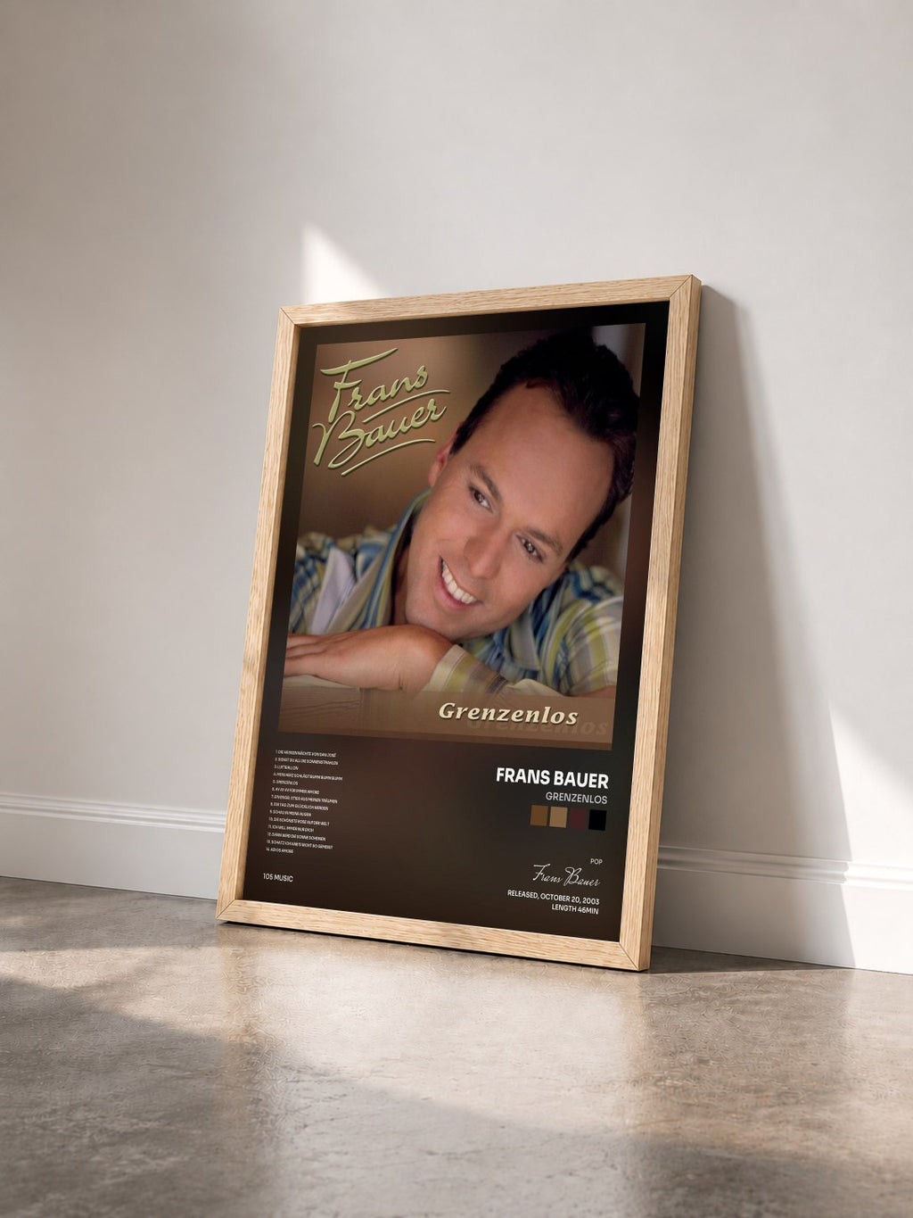 #bois Tableau de l'album Grenzenlos de Frans Bauer vu de trois quarts, cadre en bois brut