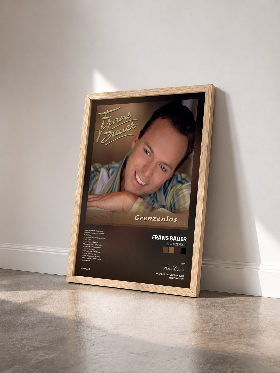 #bois Tableau de l'album Grenzenlos de Frans Bauer vu de trois quarts, cadre en bois brut