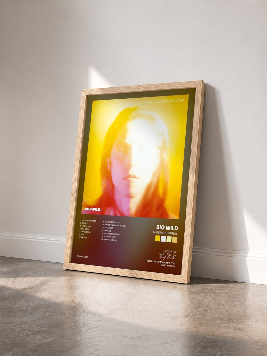 #bois Tableau de l'album The Efferusphere de Big Wild vu de trois quarts, cadre en bois brut