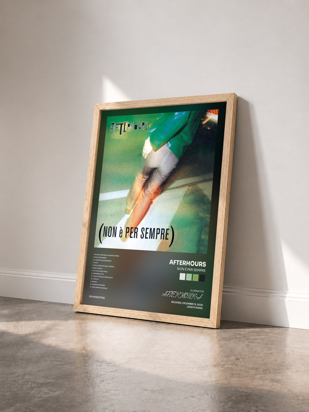 #bois Tableau de l'album Non È Per Sempre de AFTERHOURS vu de trois quarts, cadre en bois brut