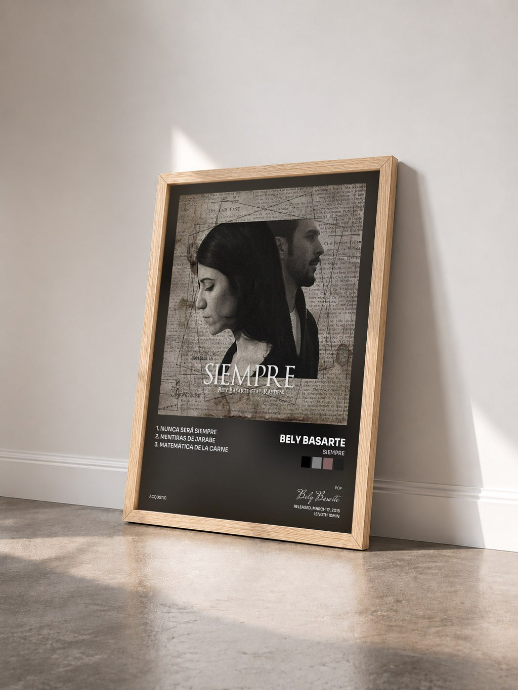 #bois Tableau de l'album Siempre de Bely Basarte vu de trois quarts, cadre en bois brut