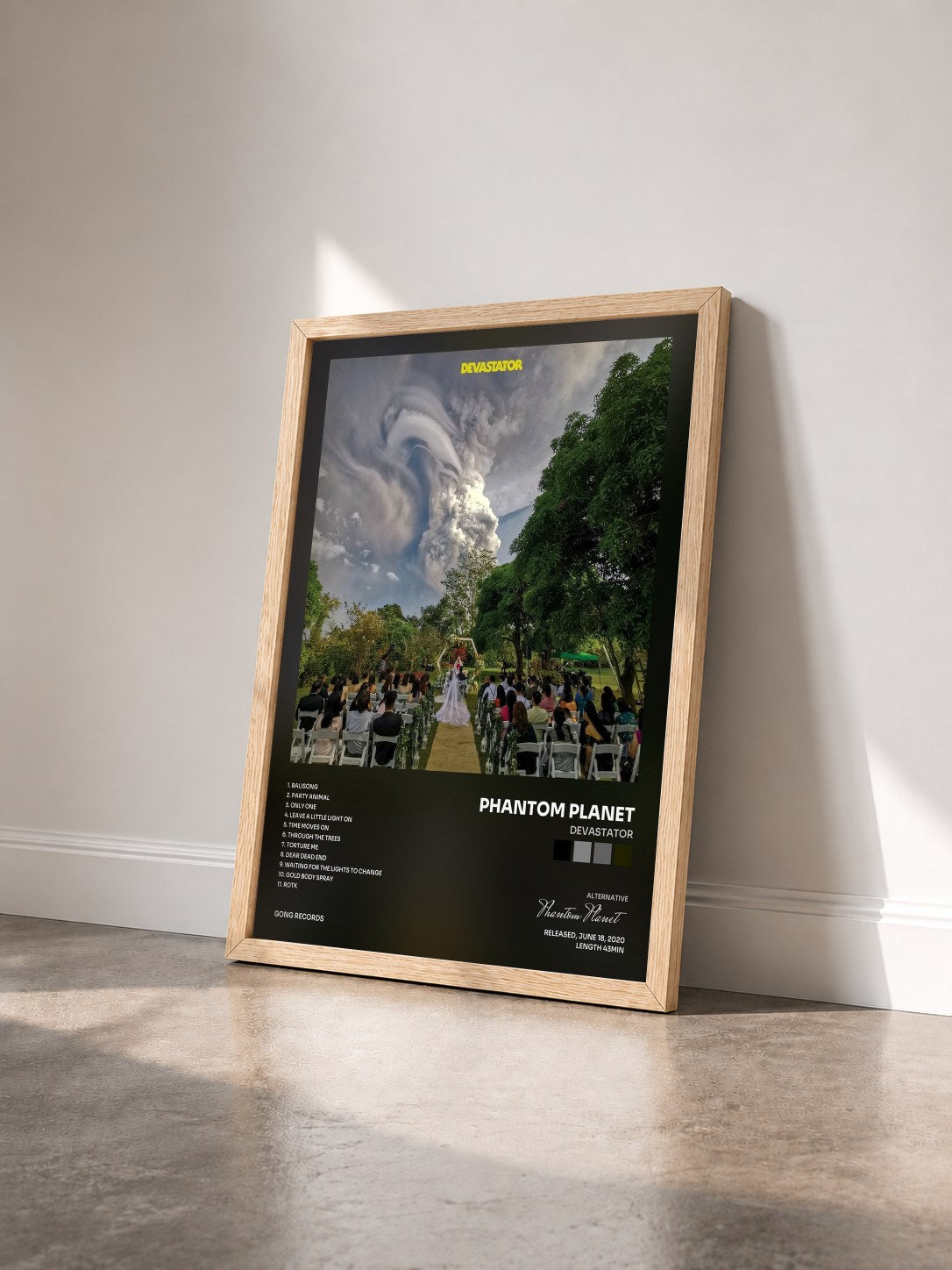 #bois Tableau de l'album Devastator de Phantom Planet vu de trois quarts, cadre en bois brut