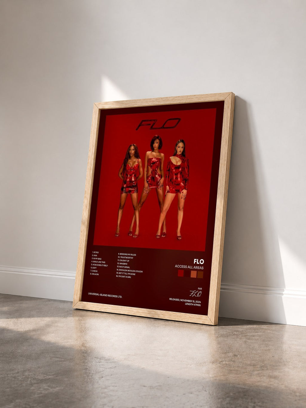 #bois Tableau de l'album Access All Areas de FLO vu de trois quarts, cadre en bois brut