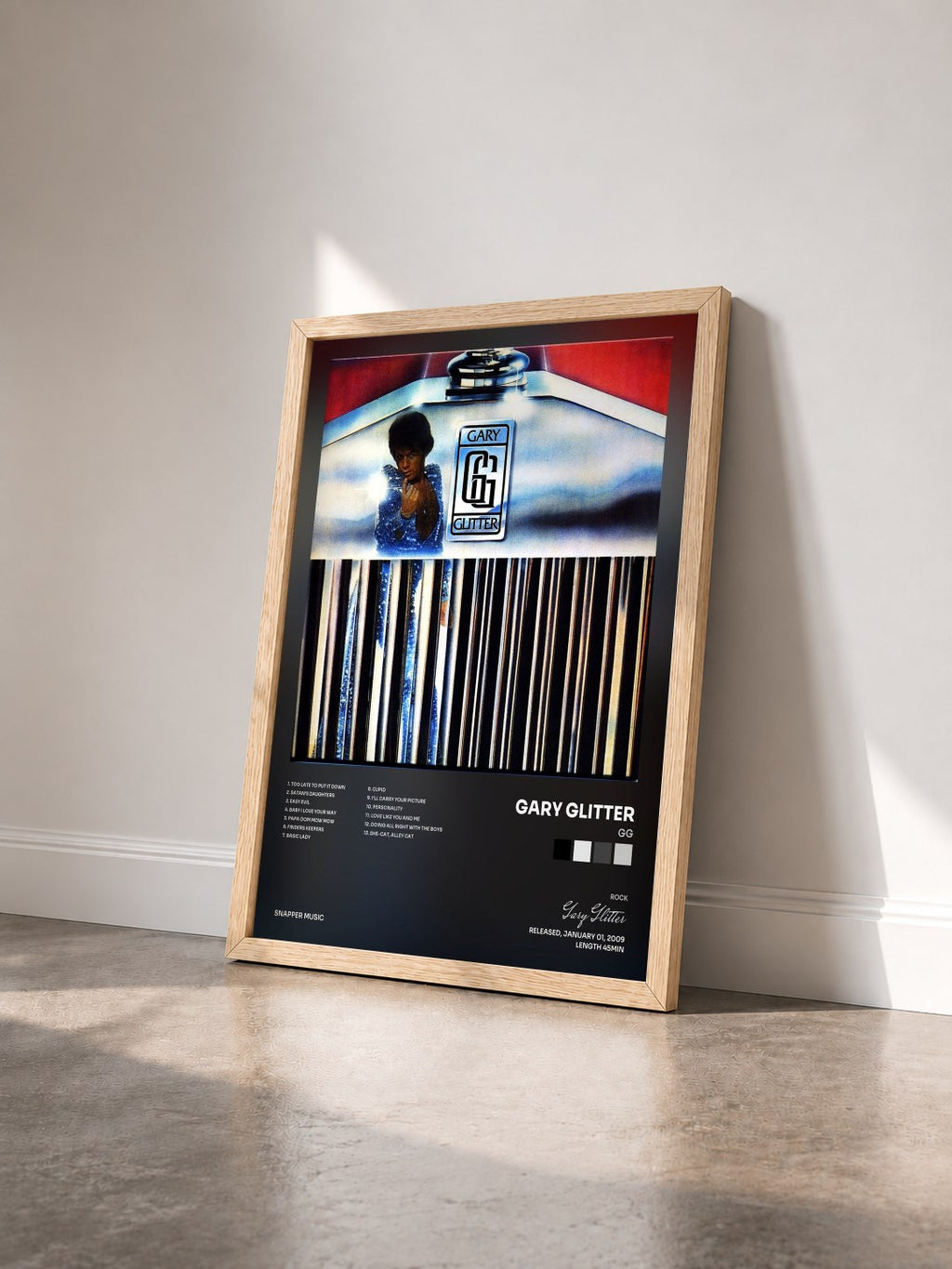 #bois Tableau de l'album GG de Gary Glitter vu de trois quarts, cadre en bois brut