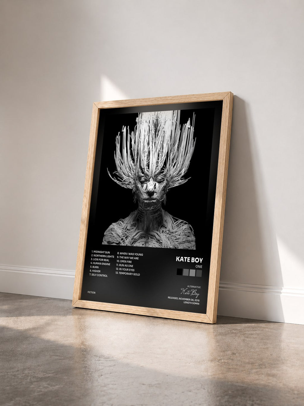 #bois Tableau de l'album One de Kate Boy vu de trois quarts, cadre en bois brut