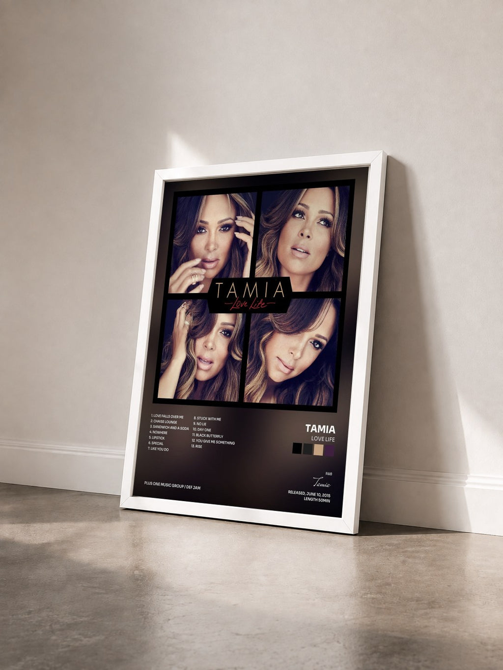 #blanc Tableau de l'album Love Life de Tamia vu de trois quarts, cadre blanc