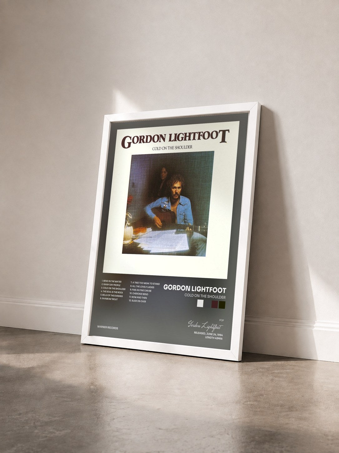 #blanc Tableau de l'album Cold on the Shoulder de Gordon Lightfoot vu de trois quarts, cadre blanc